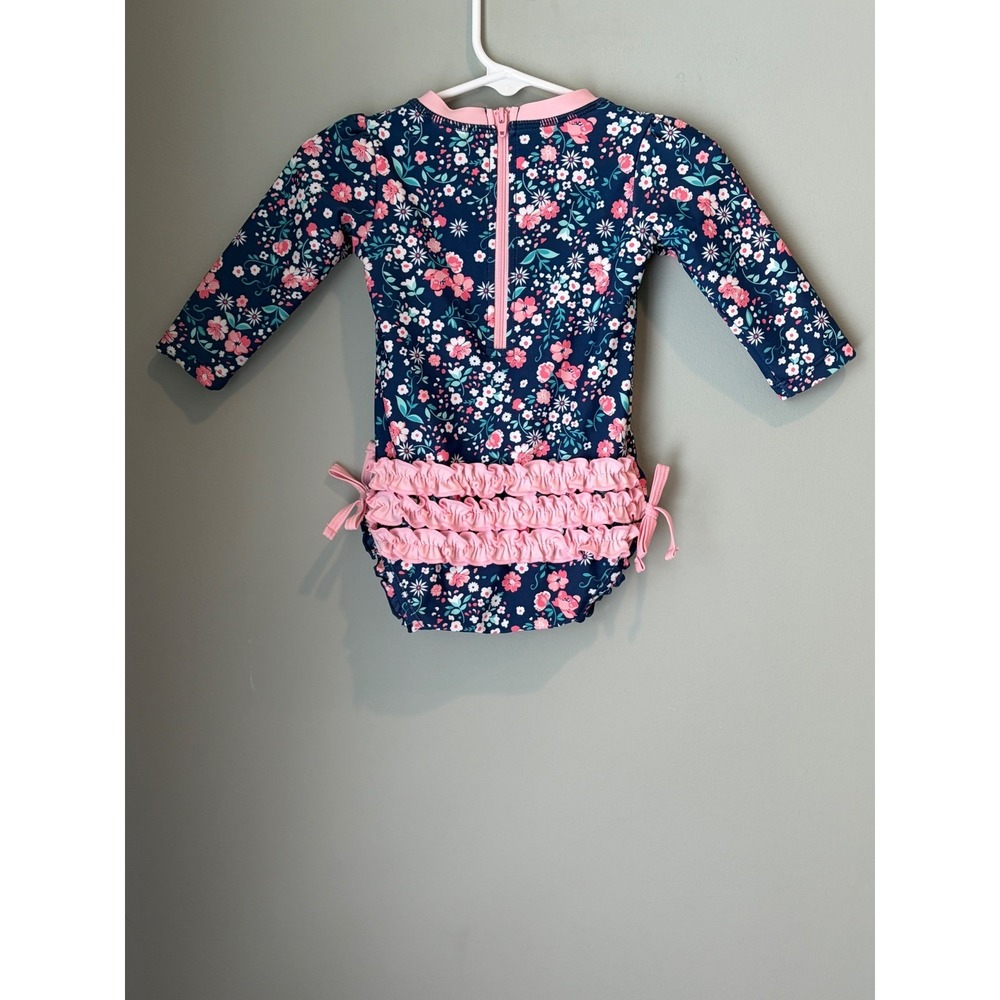 RuffleButts Navy Floral Long Sleeve Rash Guard One Piece Swimsuit 6-12M UPF‎ 50+
